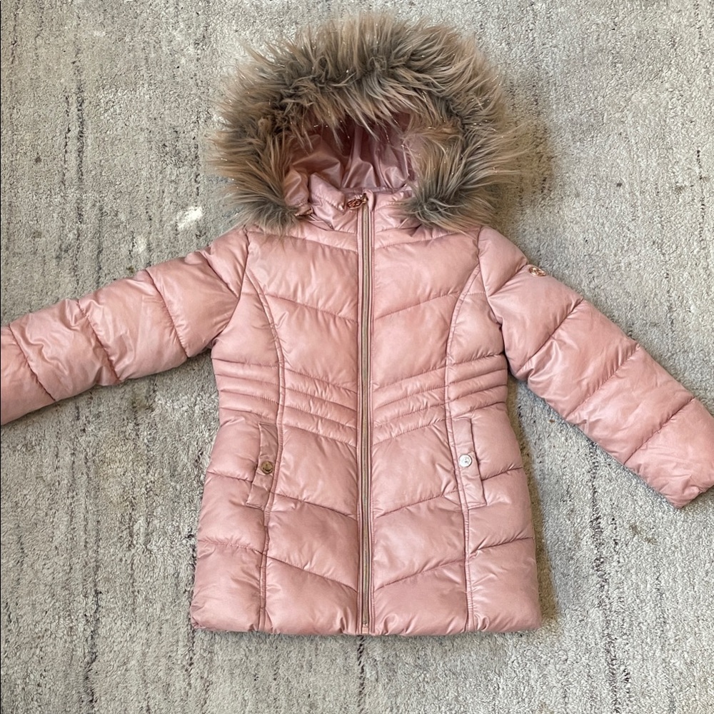 MICHAEL Michael Kors Pink Puffer Jacket with Faux Fur Hood